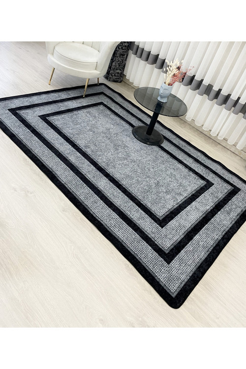 Hasır Jüt Sisal Bordürlü Görünümlü Dekoratif Halı Gri - Siyah