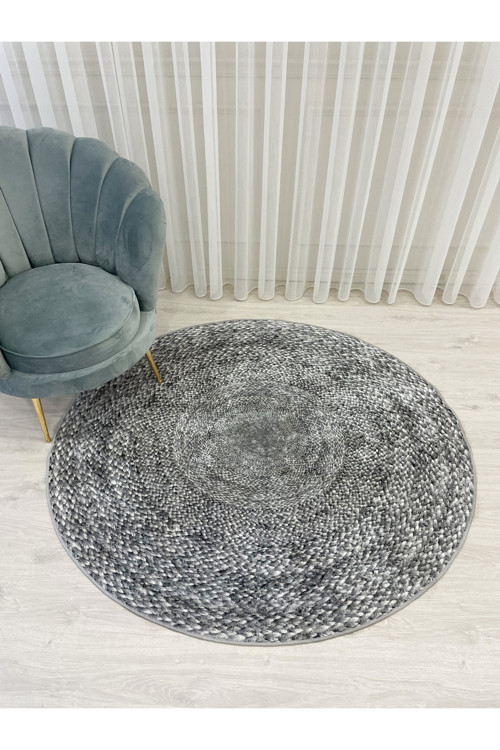 Hasır Jüt Görünümlü Lateks Kaymaz Taban Yuvarlak Halı - Gri