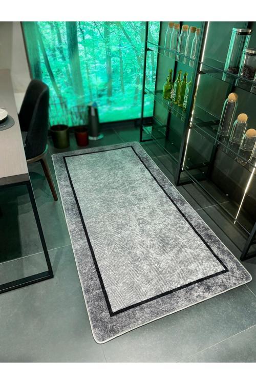 Gri Jüt Sisal Görünüm Bordürlü Kaymaz Taban Yolluk Mutfak Halı