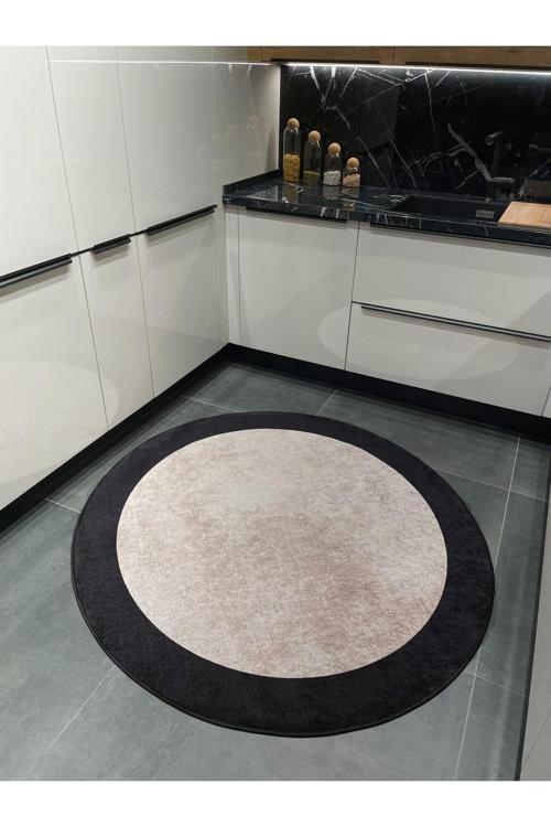 Geometrik Çizgili Lateks Deri Taban Saçaksız Mutfak Halısı - Bej-Siyah