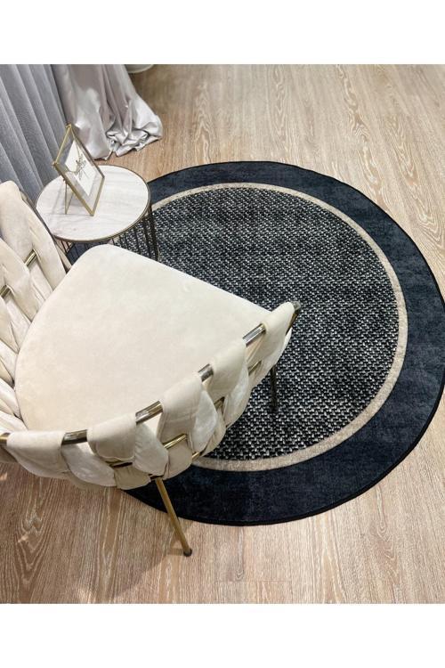 Hasır Jüt Sisal Bordürlü Görünümlü Dekoratif Daire Halı Gri