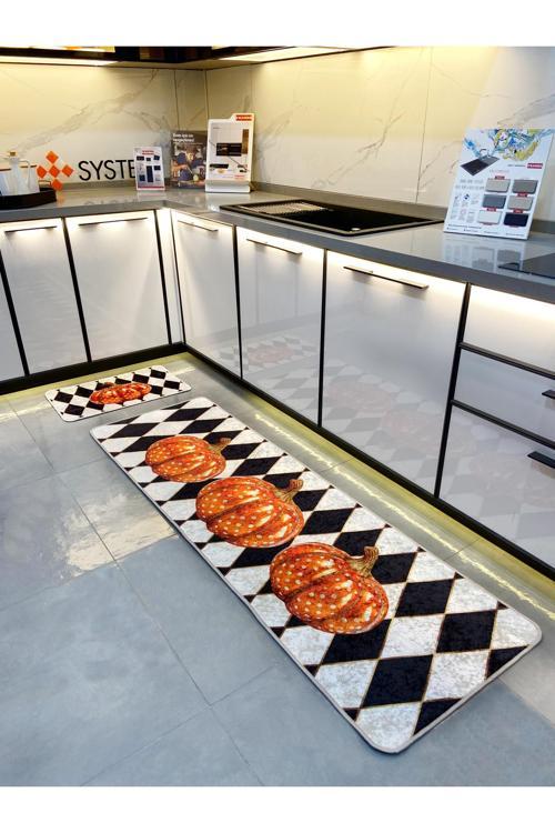 Halloween Balkabağı Motifli Dama Lateks Taban Halı