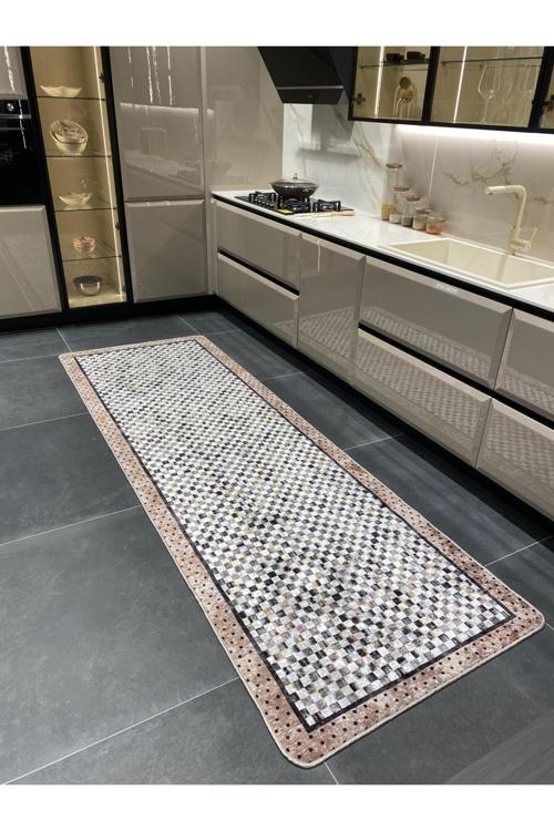 Robert Dama Desen Leke Tutmaz Mutfak Halı Yolluk - Kahverengi