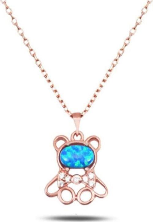 Opal Taşlı Ayıcık Gümüş Minik Kolye Zarif Model