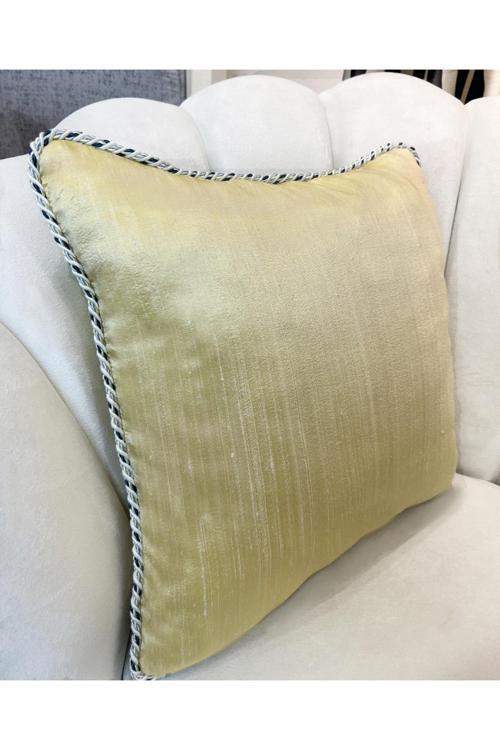 İthal Ipek (Silk) Kırlent Yastık Kılıfı Kordonlu (45X45 ) (Pastel Sarı) Lacivert Kordon