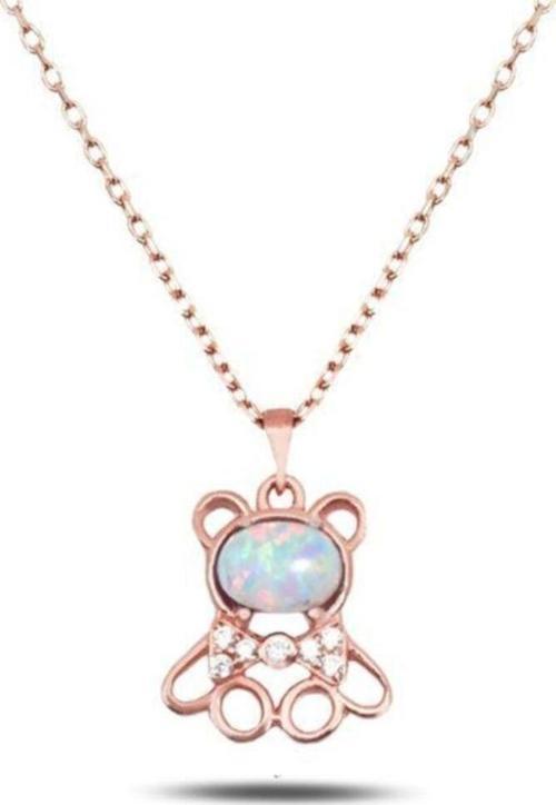Opal Taşlı Ayıcık Gümüş Minik Kolye Zarif Model
