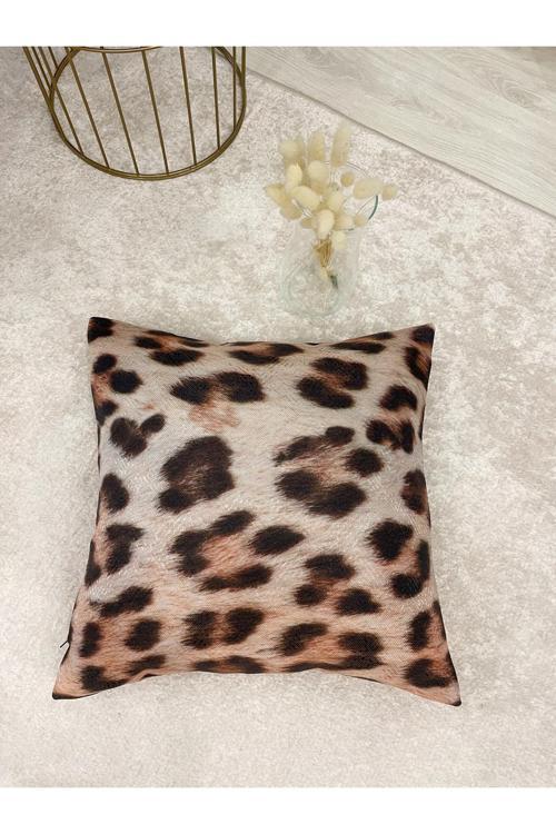 Keten Görünümlü Leopar Desenli Kırlent Kılıfı 45X45