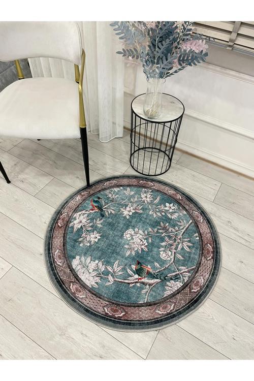 Soft Mavi Kuş Desenli Bordürlü Kaydırmaz Yuvarlak Halı