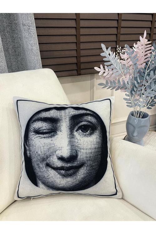 Açık Gri Fornasetti Lina Cavalieri Yüz Temalı Kırlent Kılıfı 45X45