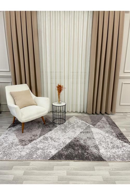 Bej Renk Geometrik Desen Kaymaz Taban Yolluk Halı