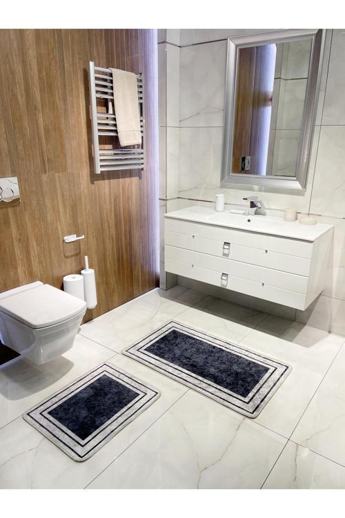 Çizgili Desenli 2'Li Lateks Deri Taban Banyo Paspas Takımı (60X100 - 60X50) Lacivert Gri