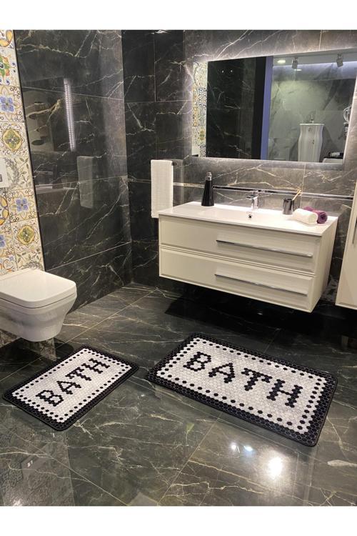 Black Bath Yazılı Desenli 2'Li Kaymaz Taban Su Geçirmez Banyo Paspas Takımı (60X100 - 60X50) Gri