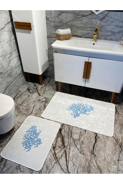 Mercan 2'Li Lateks Kaymaz Taban Su Geçirmez Banyo Paspas Takımı (60X100 - 60X50) Gri-Mavi