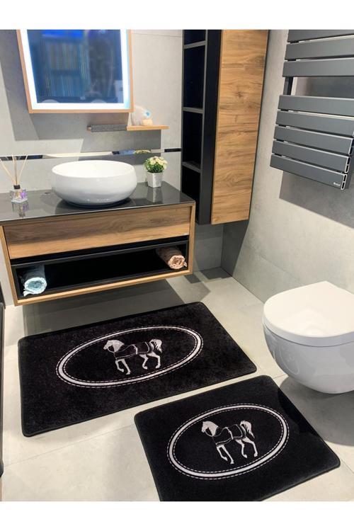 At Desen Horse Desenli 2'Li Kaymaz Taban Banyo Paspas Takımı (60X100 - 60X50) Siyah