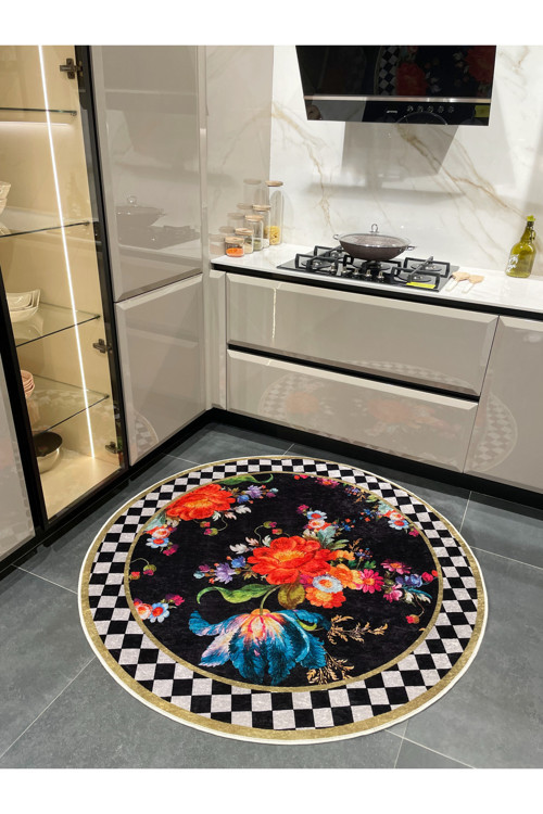 Çiçekli Damalı Yuvarlak Lateks Taban Saçaksız Mutfak Halısı