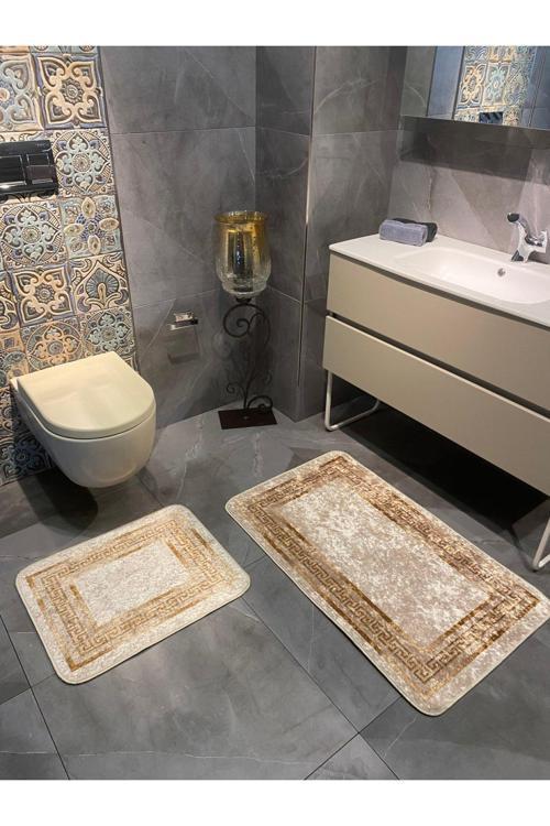 Bordürlü Desenli 2'Li Kaymaz Taban Banyo Paspas Takımı (60X100 - 60X50) Bej-Altın
