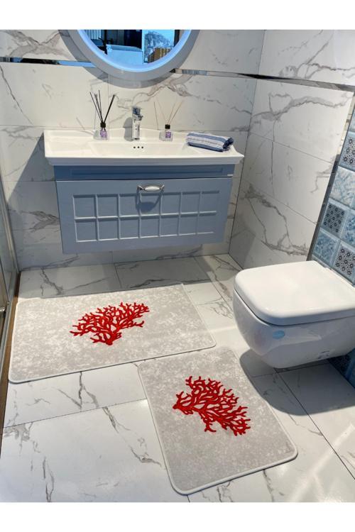 Mercan 2'Li Lateks Taban Banyo Paspas Takımı (60X100 - 60X50) Gri-Kırmızı