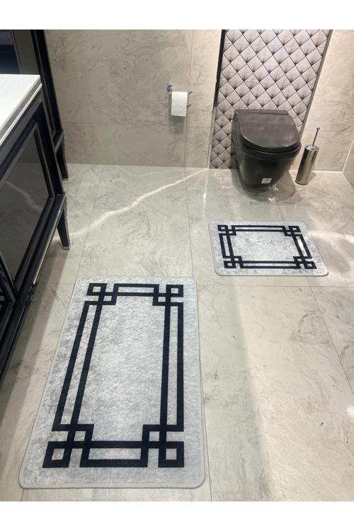 Lateks Taban Saçaksız (60X100 - 60X50) Ikili Banyo Paspas Takımı -Gri