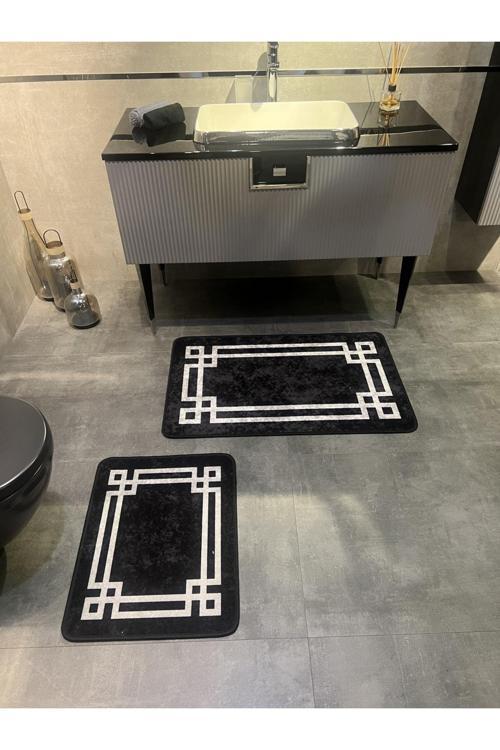 Lateks Taban (60X100 - 60X50) Ikili Banyo Paspas Takımı -Siyah-Gri