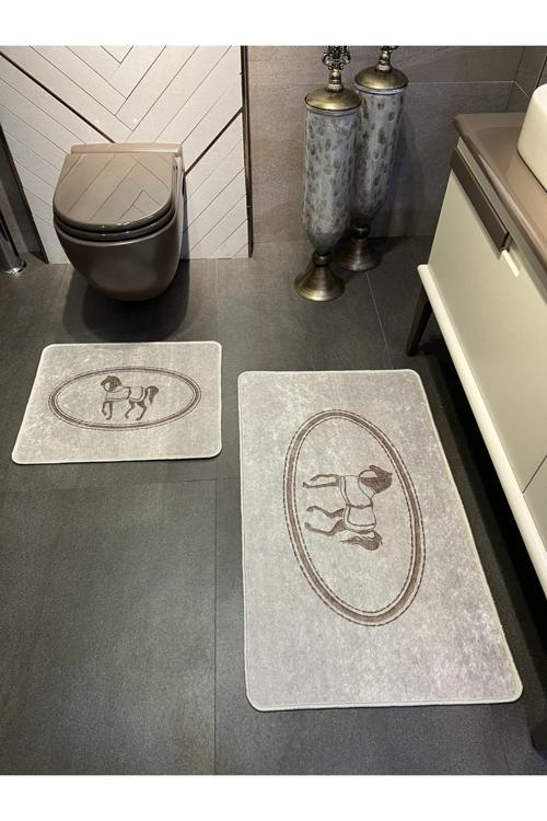 At Desen Horse Desenli 2'Li Kaymaz Taban Banyo Paspas Takımı (60X100 - 60X50) Kahve -Vizon