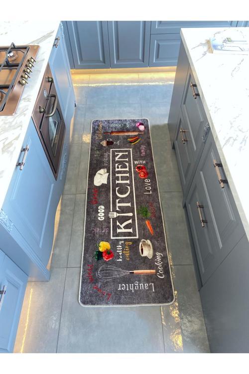 Koyu Gri Renk Yıkanabilir Mutfak Yolluk Lateks Deri Taban Halı