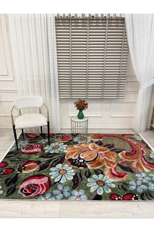 Yeşil Çiçek Desenli Floral Lateks Taban Halı