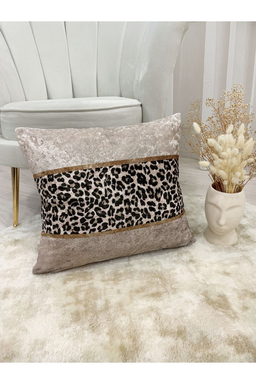 Leopar Desenli Kadife Kırlent Kılıfı - 45X45