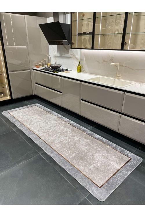 Düz Gri Renk Lateks Taban Mutfak Halısı