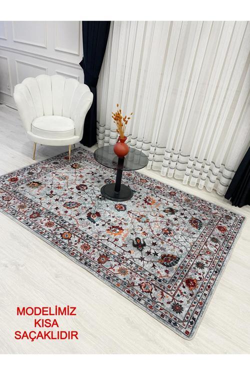 Gri Renk  Vintage Çiçekli Lateks Kaymaz Taban Halı
