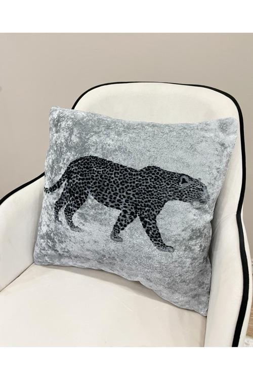 Leopar Desen Kadife Kırlent Yastık Kılıfı ( Gri)