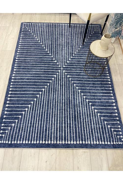 Lacivert Renk Şönil Görünümlü Tasarım Yolluk Halı Mutfak Halısı
