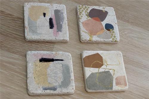Modern Soyut Tasarımlar Doğal Taş Bardak Altlığı 4'lü set - Natural Stone Coasters