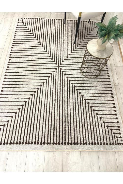 Bej Renk Şönil Görünümlü Tasarım Yolluk Halı Mutfak Halısı