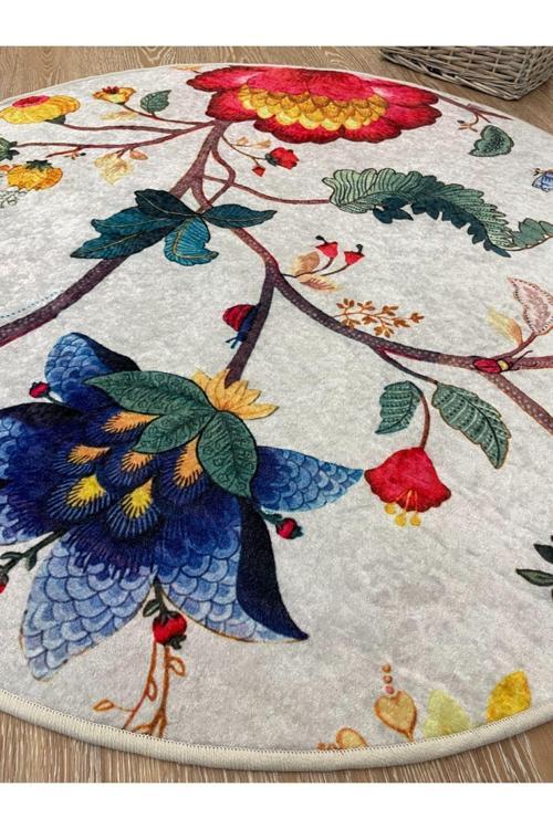Çiçek Desenli Dekoratif Deri Taban Yuvarlak Halı - Gri