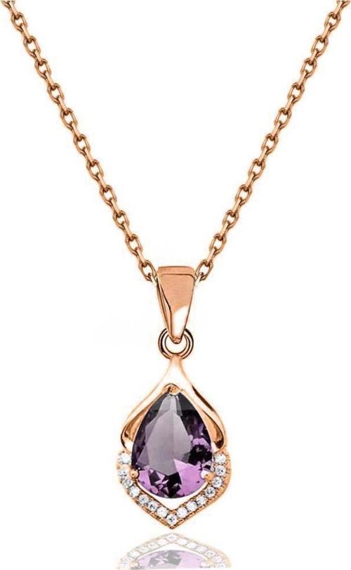 Rose Gold Ametist Taşlı Su Damlası Bayan Gümüş Kolye
