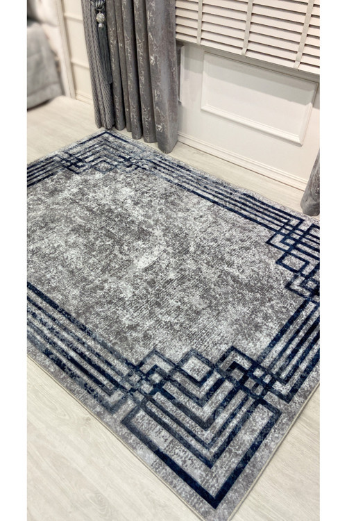 Gri - Lacivert Eskitme Görünümlü Lateks Kaymaz Taban Halı