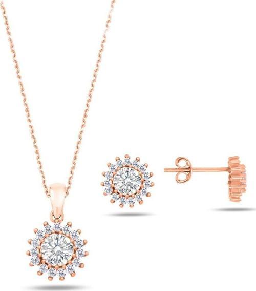 Rose Gold Zirkon Taşlı Bayan Kolye Küpe Seti