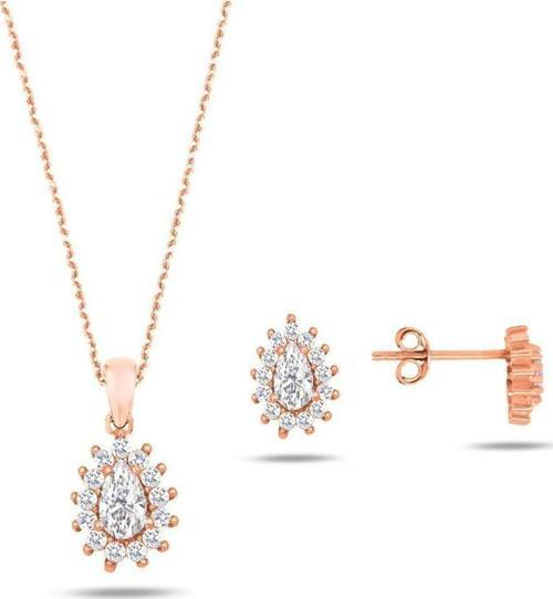 Rose Gold Zirkon Taşlı Bayan Kolye Küpe Seti