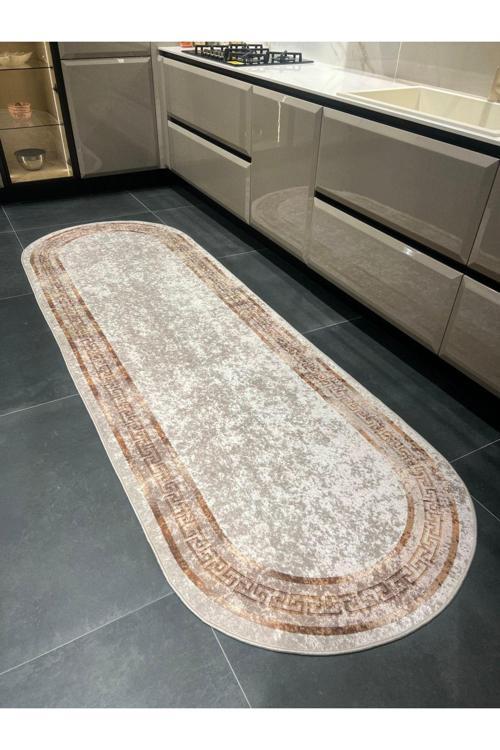 Klasik Bordürlü Desen Çizgili Oval Lateks Deri Taban Saçaksız Salon Halısı - Altın Kahverengi