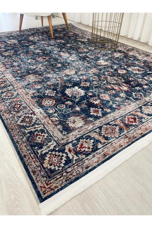 Lacivert Eskitme Görünümlü Lateks Kaymaz Taban Halı