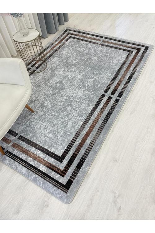 Gri Renk Çizgi Desenli Kaymaz Taban Çerçeveli Halı