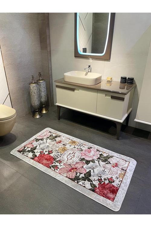 Tekli Çiçek Desenli Beauty Lateks Taban Banyo Paspas (Ebat 50X100)