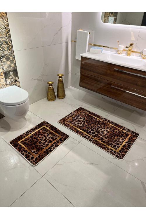 Leopar Desenli 2'Li Kaymaz Taban Banyo Paspas Takımı (60X100 - 60X50)