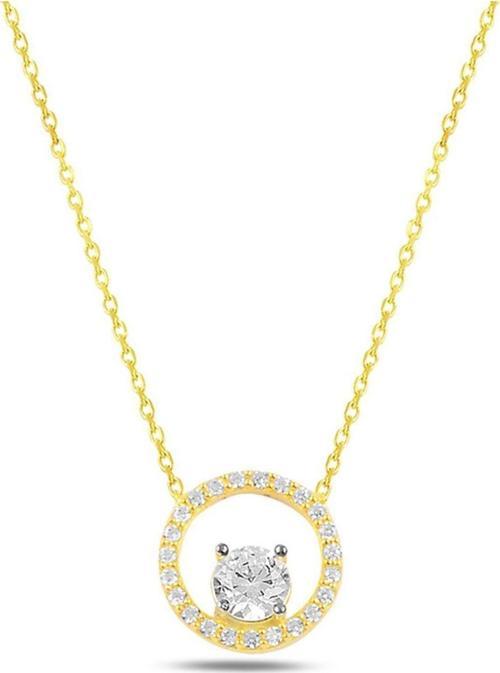 Yuvarlak Zirkon Taşlı Tektaş Bayan Gümüş Kolye Altın Kaplama