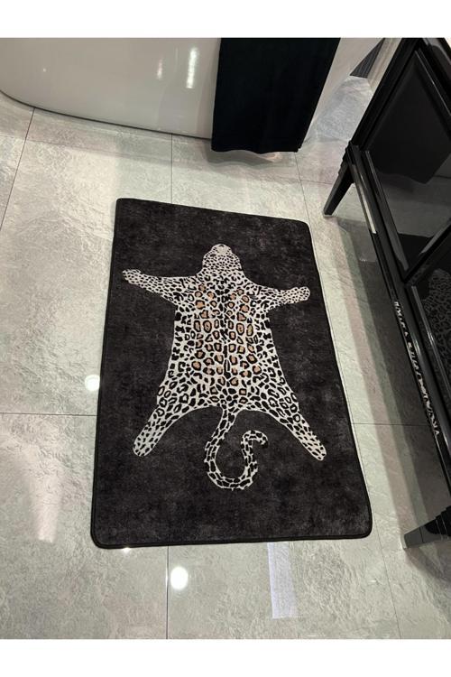 Leopar Desen Yıkanabilir 80X120 Tekli Banyo Paspası - Siyah