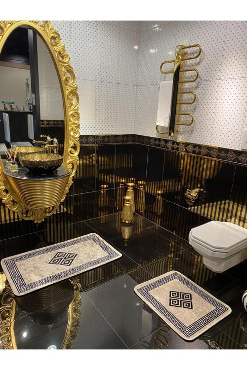 Losarina 2'Li Lateks Kaymaz Taban Su Geçirmez Banyo Paspas Takımı (60X100 - 60X50) Bej/Siyah