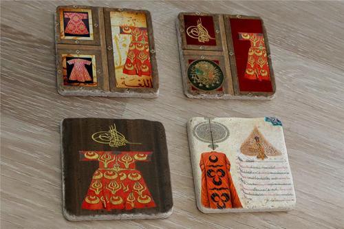 Padişah Kaftanları Ferman ve Tuğra Doğal Taş Bardak Altlığı 4'lü set - Natural Stone Coasters