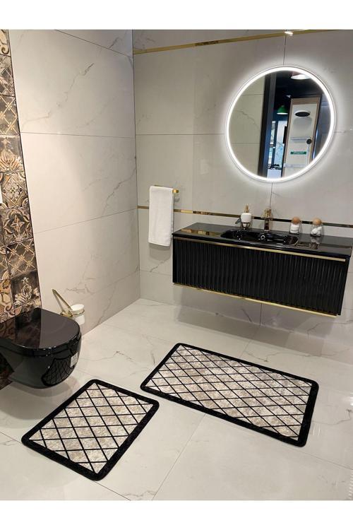 2 Li Geometrik Desen 60X100 - 60X50 Lateks Taban Banyo Paspas - Bej-Siyah