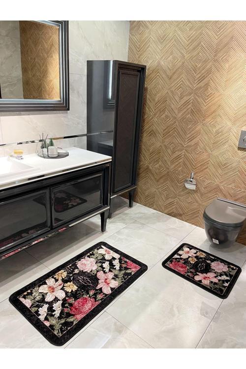 2 Li Çiçek Desenli 60X100 - 60X50 Beauty Lateks Taban Banyo Paspas