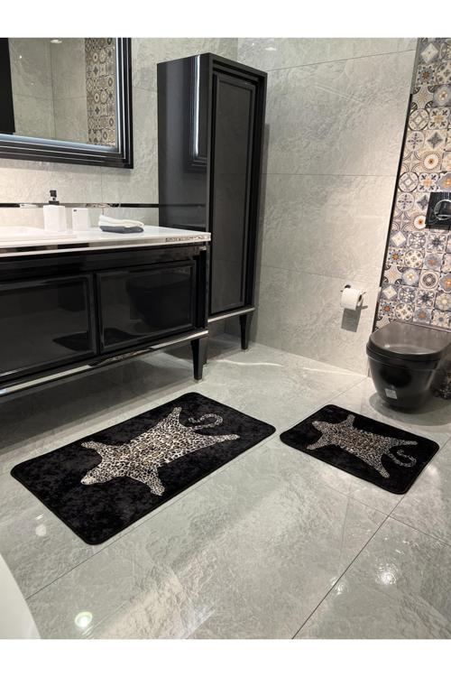 2'Li Leopar Desen 60X100 - 60X50 Banyo Paspası - Siyah
